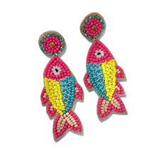 Load image into Gallery viewer, Whimsical ocean-inspired drop earrings showcasing intricate bead embroidery in pink, turquoise, blue, and gold tones.