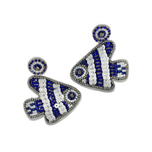 Load image into Gallery viewer, Coastal-inspired beaded fish earrings in blue and white with sparkling embellishments and lightweight design.