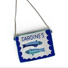Load image into Gallery viewer, Statement sardine beaded bag featuring decorative scalloped borders, textured embroidery, and whimsical seaside-inspired details.