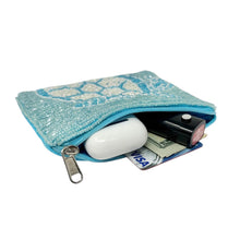 Load image into Gallery viewer, Small blue beaded clutch with sea turtle illustration and shimmering sequin details.