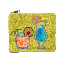 Load image into Gallery viewer, Hand beaded cocktail pouch with colorful martini glass and citrus drink design on a lime green beaded background.