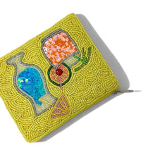 Load image into Gallery viewer, Close-up of intricate hand beading and colorful sequin details on a cocktail and martini inspired pouch.