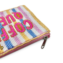 Load image into Gallery viewer, A close-up of a zippered pouch featuring colorful embroidered stripes in pink, blue, yellow, and white, with the word 'COFFEE QUEEN' in large pink letters outlined in yellow. The pouch has a pink zipper and a silver metal pull tab, shown on a plain white background.