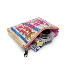 Load image into Gallery viewer, A small beaded zippered pouch with a colorful striped pattern and pink lettering, shown open with a camera and cards inside on a white background.