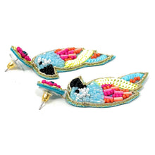 Load image into Gallery viewer, Colorful beaded parrot earrings featuring vibrant blue, pink, yellow, and green details with floral stud accents.