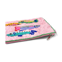 Load image into Gallery viewer, Fun nautical-inspired beaded pouch with multicolor fish designs on a sparkling pastel pink sequin background.