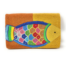 Load image into Gallery viewer, Hand beaded fish clutch featuring colorful scales, sparkling rhinestone accents, and vibrant yellow and orange beadwork.