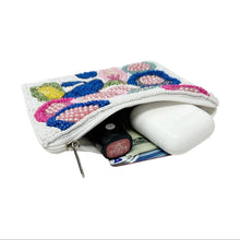Load image into Gallery viewer, Cute white beaded pouch with colorful flower motifs and textured design 
