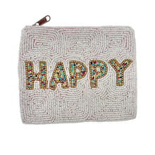 Load image into Gallery viewer, Handmade beaded clutch featuring the word “Happy” in multicolor beads