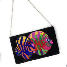 Load image into Gallery viewer, Colorful fish design handbag with a chain strap on a white background