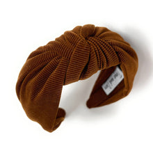 Load image into Gallery viewer, Fall Autumn Headband, Fall Knotted Headband, copper shimmer Knot Headband, Fall Hair Accessories, copper corduroy Headband, Best Seller, headbands for women, best selling items, knotted headband, hairbands for women, Fall Winter gifts, Solid color knot Headband, Solid color hair accessories, copper color knot headband, corduroy knotted headband, Fall Autumn headband, Birthday gifts, custom knot headband, Winter Autumn accessories, brown headband, coffee corduroy fabric headband, autumn knot headband
