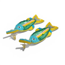 Load image into Gallery viewer, Whimsical ocean-inspired earrings crafted in a fish silhouette with sparkling details and cheerful seaside colors.