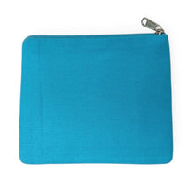 Load image into Gallery viewer, Hand-beaded coin pouch featuring “Cosmo Funds” lettering and vibrant cocktail designs on a light blue sequin background.