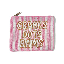 Load image into Gallery viewer, Hand-beaded pouch featuring colorful pop art-inspired lettering and playful graphic details with zip closure.