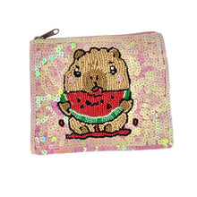 Load image into Gallery viewer, Cute capybara holding a watermelon on a sequined purse