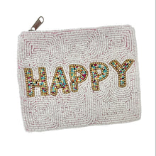 Load image into Gallery viewer, Small white beaded zip pouch with rainbow text detail