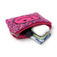Load image into Gallery viewer, Handmade beaded zip pouch featuring bright pink smiley face pattern