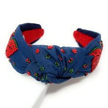 Load image into Gallery viewer, Casual chic denim hairband adorned with bright watermelon slice embellishments and tiny seed bead accents.