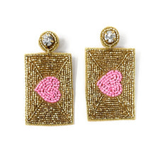 Load image into Gallery viewer, pink gold beaded Earrings, love letter valentines Earrings, Valentines Day Earrings, Valentines Beaded Earrings, Valentines Heart earrings, sweetheart  earrings, valentine’s day beaded earrings, dainty valentines beaded earrings, valentines beaded earrings, unique earrings, Valentine’s day earrings, tween girls accessories, Valentine’s day accessories, Best selling items, Valentines accessories, boho earrings, custom earrings, gifts for her, handmade gifts, unique valentines heart earrings