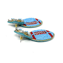 Load image into Gallery viewer, football Beaded Earrings, blue red football Earrings, football Earrings, XFL football, football earrings, Pittsburgh football earrings, liberty football, light blue red football earrings, cyan blue earrings, red light blue earrings, football seed bead earrings, football accessories, XFL accessories, Game day earrings, Best selling items, birthday gifts, sport jewelry, sport bead earrings, football accessory, College gifts, Football gifts for her, gameday earrings
