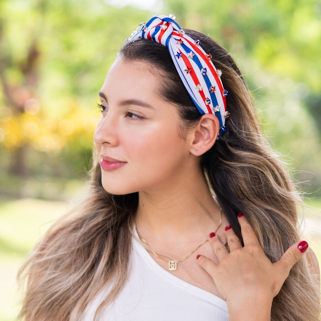 Americana Jeweled Headband, Patriotic Knotted Headband, Star Knotted Headband, Americana Hair Accessories, Red White Headband, Best Seller, headbands for women, best selling items, knotted headband, hairbands for women, hair accessories, Independence day gifts, Independence day Headband, Memorial day hair accessories, American headband, USA flag headband, Fourth of July headband, Fourth of July gifts, red white headband, star knot headband, Jeweled headband, USA Jeweled headband, USA Headband