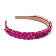 Load image into Gallery viewer, headband for women, fall headband, fuchsia color headband, fall winter headband, fuchsia headband, fuchsia dainty headband, fuchsia baroque  headband, dainty gold headband, fuchsia hair band, unique fuchsia headbands, unique headband, statement headbands, fuchsia leaf headband, knotted headband, fuchsia hair accessories, embellished headband, gemstone headband, luxury headband, embellished headband, jeweled dainty headband, baroque embellished headband, custom headband