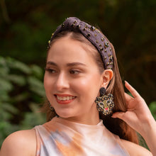 Load image into Gallery viewer, dark gray Jeweled Headband, gray headband, Autumn Hair Accessories, Autumn Headband, knot headband, boho headband, best selling items, Fall knotted headband, hairbands for women, thanksgiving  gifts,  Fall knot Headband, Fall Winter accessories, gray corduroy headband, Corduroy headband, Statement headband, Christmas gifts, jeweled knot headband, Jeweled headband, Corduroy knot headband, Embellished headband, Autumn embellished headband, bejeweled headband