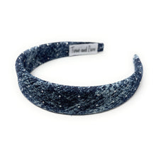Load image into Gallery viewer, Dark blue denim headband with a textured pattern and rhinestones. The headband has a tag and lies on a white background.