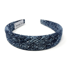 Load image into Gallery viewer, Dark blue denim headband with a textured pattern and rhinestones The headband has a tag and lies on a white background.