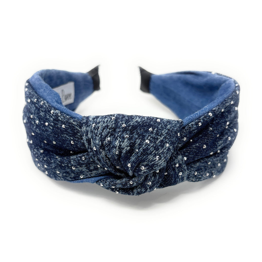 Navy blue textured embellished headband with a knot on a white background