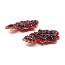 Load image into Gallery viewer, custom beaded Earrings, Unique jeweled Earrings, dark red Beaded Earrings, boho earrings, red jeweled earrings, handmade earrings, custom earrings, party accessories, fancy accessories, red embellished earrings, custom earrings, best friend gifts, birthday gifts, bohemian earrings, luxurious handmade accessories, night jewelry, Fancy earrings, boho earrings, beaded earrings, Fancy jeweled earrings, statement earrings, best selling items, dark red embellished earrings, handmade gifts
