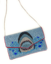 Load image into Gallery viewer, Unique shark beaded handbag with detailed underwater-inspired embroidery and colorful handcrafted accents.
