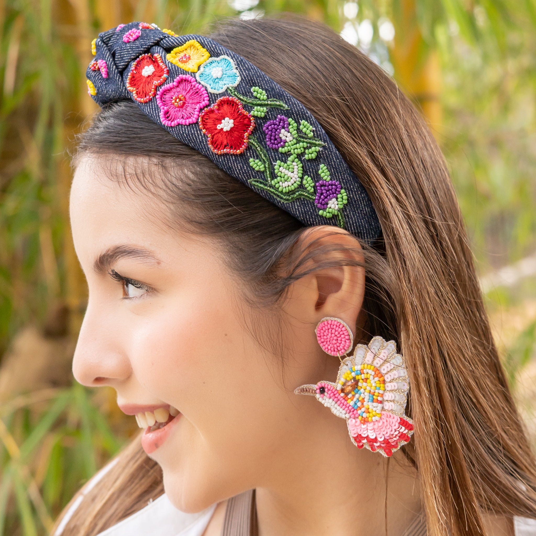 Fashion Multicolor Headband with Black Embroidered Lettering Twine and Love | Mexican Floral Beaded Knot Headband  main image 4