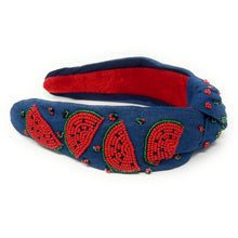 Load image into Gallery viewer, Handmade summer-inspired headband decorated with beaded watermelon motifs on soft denim fabric.