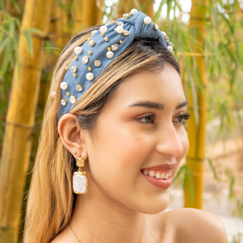 Light Blue Denim Headband with Gold Emblem New Women main image 4