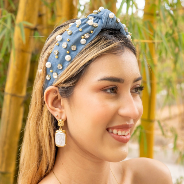 Cloth Headbands Tie For Women Top Knot Headband With Faux Pearls Denim. Denim Top Knot Headband With Pearls - Etsy main image 3
