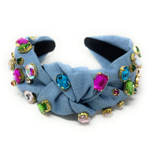 Load image into Gallery viewer, headband for women, denim knot headband, headbands for women, stylish headbands, Jeweled denim headband, top knot headband, denim top knot headband, bejeweled denim headband, denim Jeweled hairband, trendy headbands, handmade headbands, top knotted headband, knotted headband, trendy headband, fashion headbands, denim embellished headband, rhinestone headband, gemstone headband for women, luxury headband, jeweled headband for women, denim jeweled headband, denim jeweled knot headband