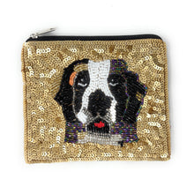 Load image into Gallery viewer, Handmade beaded zipper pouch with a playful dog face design on a sparkling gold sequin background.