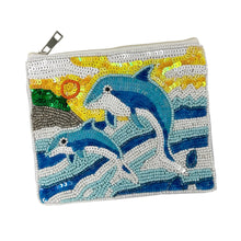 Load image into Gallery viewer, Beaded pouch featuring two blue dolphins jumping over stylized ocean waves. Background includes a yellow sun with spirals and green hills.