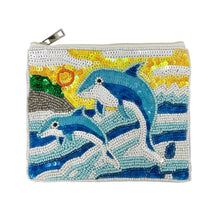 Load image into Gallery viewer, Beaded pouch featuring two blue dolphins jumping over stylized ocean waves. Background includes a yellow sun with spirals and green hills.