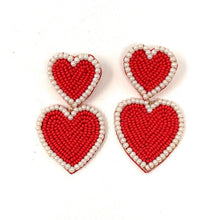 Load image into Gallery viewer,  double red hearts Beaded Earrings, red valentines Earrings, Valentines Day Earrings, Valentines Beaded Earrings, Valentines Heart earrings, red hearts earrings, valentine’s day beaded earrings, dainty valentines beaded earrings, valentines beaded earrings, red cute earrings, Valentine’s day earrings, tween girls accessories, Valentine’s day accessories, Best selling items, Valentine’s day accessories, boho earrings, custom earrings, gifts for her, handmade gifts, custom unique valentines heart earrings
