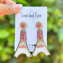 Load image into Gallery viewer, Beaded Eiffel Tower earrings in white with pink and gold details