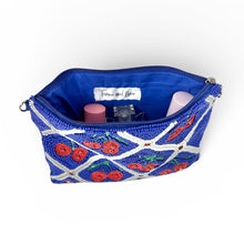 Load image into Gallery viewer, Handmade cherry coin pouch adorned with detailed beadwork and bright fruit-inspired patterns on rich cobalt blue fabric.