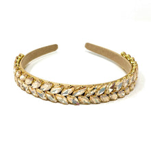 Load image into Gallery viewer, Elegant embellished headband featuring sparkling gold-toned crystals on a satin-covered band.