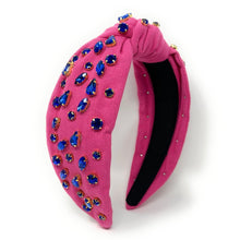 Load image into Gallery viewer, Woman wearing a vibrant pink beaded headband with navy rhinestone earrings for a glamorous statement style.