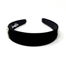 Load image into Gallery viewer, Elegant black headband featuring delicate beaded pearl bow