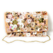 Load image into Gallery viewer, Close-up view of a beautifully embellished clutch featuring pastel flowers and sequins.
