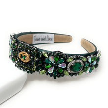 Load image into Gallery viewer, headband for women, fall headband, green baroque headband, fall winter headband, green embellished headband, bridal headband, bridal accessories, brown luxurious hairband, luxurious hair band, unique embellished headband, unique headband, statement headband, custom bridal headband, green color accessories, embellished headband, gemstone headband, luxury headband, green bejeweled headband, bling headband, baroque embellished headband, custom headband, jeweled baroque headband, evening hair accessory
