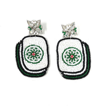 Load image into Gallery viewer, Elegant beaded drop earrings with green circular motif and black border