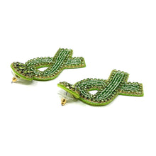 Load image into Gallery viewer, Sparkling green ribbon earrings crafted with intricate bead embroidery and rhinestone accents for a standout look.